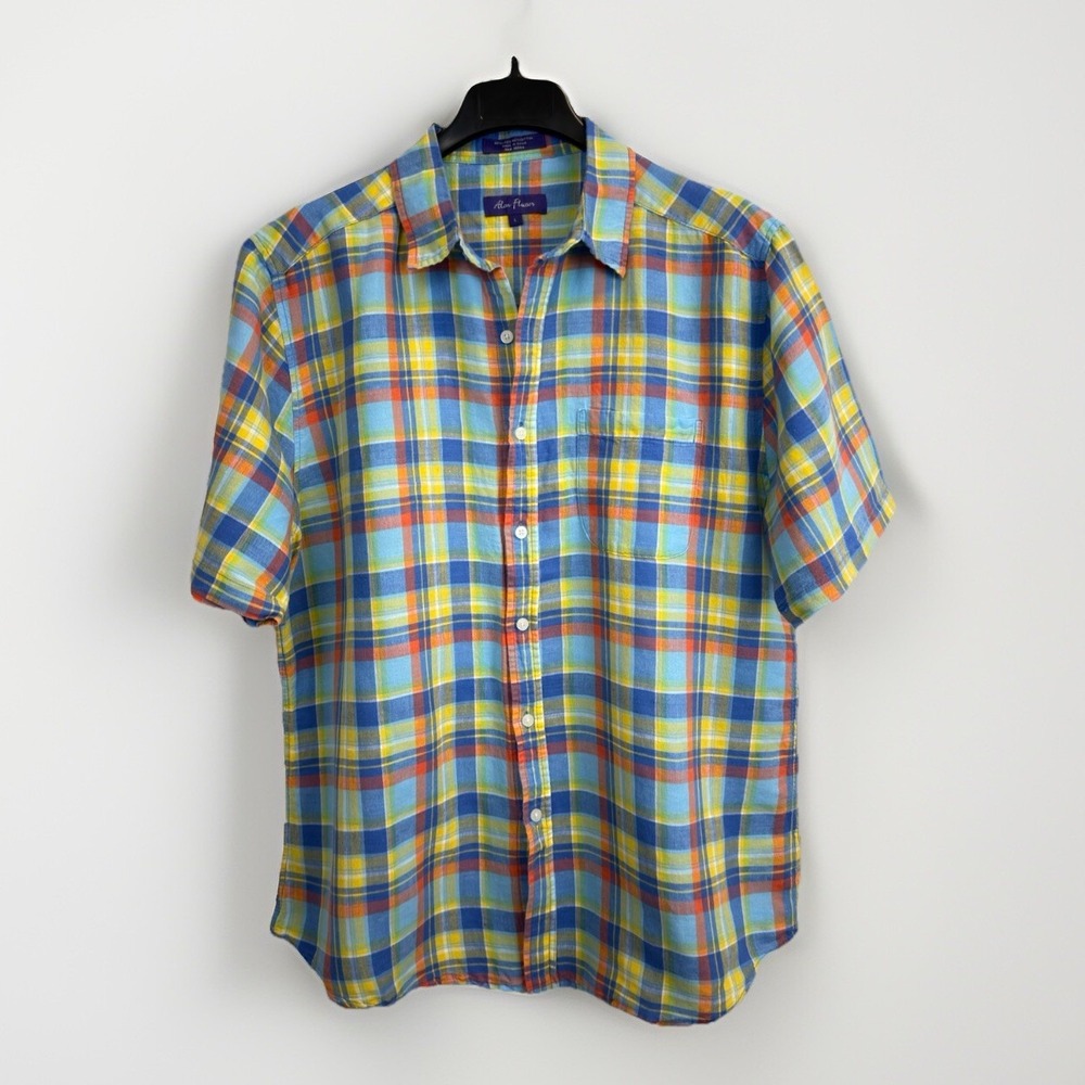 Alan Flusser‎ Linen Blend Plaid Check Men's Shirt Sz L Button Short Sleeve Multi